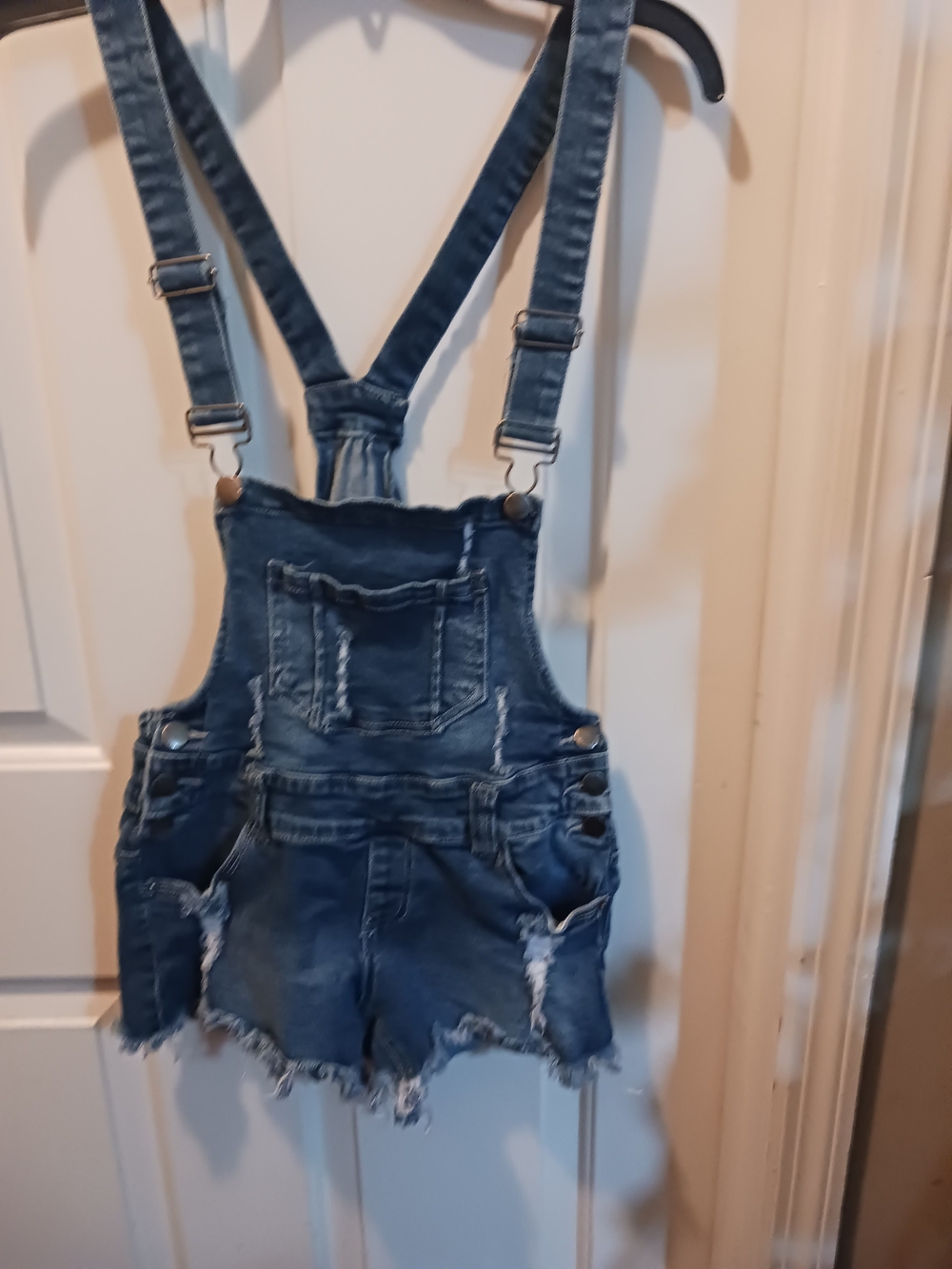 Distressed Denim Short Overalls - Dark Blue